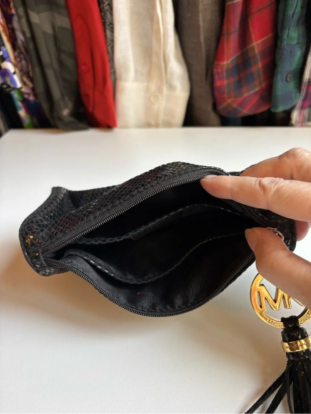Michael Kors Black Snake-Embossed Tassel Zip Pouch